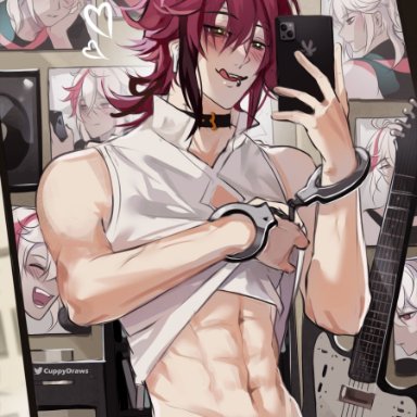 genshin impact, kazuha (genshin impact), shikanoin heizou, cuppydraws, 2boys, abs, blush, bound wrists, choker, electric guitar, guitar, handcuffs, heart, licking lips, male