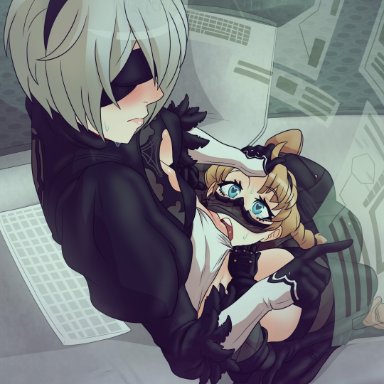 nier, nier: automata, nier (series), operator 6o, yorha 2b, khartemis, blonde hair, blue eyes, cunnilingus, heart-shaped pupils, leotard aside, licking, licking pussy, pussy, shaved pussy