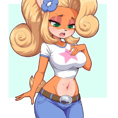 activision, crash (series), coco bandicoot, simmsy, 5 fingers, accessory, anthro, belt, bodily fluids, bottomwear, clothing, female, fingers, flower, flower in hair