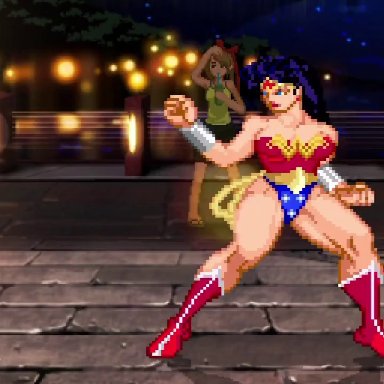 capcom, dc, m.u.g.e.n, street fighter, wonder woman (series), akuma, wonder woman, gettag, 1boy, 1girls, alternate ass size, alternate breast size, ass, audible creampie, big ass