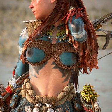 horizon forbidden west, horizon zero dawn, playstation, aloy, 1girls, areolae, belly button, bodypaint, braid, braided hair, breasts, breasts out, canon, female, female only