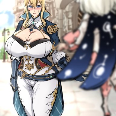 genshin impact, jean gunnhildr, paimon (genshin impact), blonde hair, blue eyes, blush, gzero, huge breasts, nervous smile, thick thighs, wet pussy, wide hips