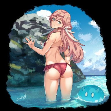 genshin impact, yanfei (genshin impact), cawfield, 1girls, ass, bikini, blush, female, female only, from behind, green eyes, pink hair, smile, wet