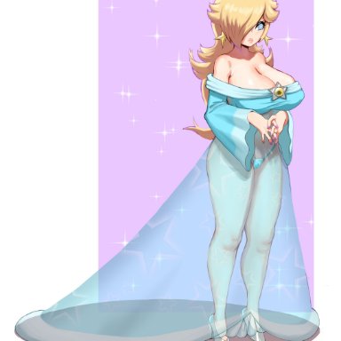 mario (series), nintendo, super mario galaxy, princess rosalina, awesomeerix, 1girls, blonde hair, blue eyes, breasts, cleavage, crown, dress, female, female only, hair over one eye