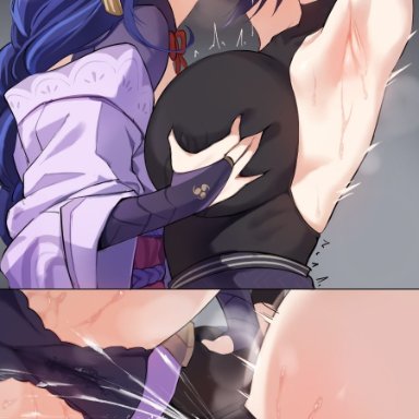 genshin impact, kujou sara, raiden shogun, jtveemo, 2girls, ahe gao, anus, armpits, arms behind head, ass, black gloves, black panties, blue hair, blush, breasts