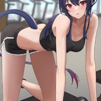 arknights, ch'en (arknights), teruru0321, 1girls, bare shoulders, bent over, big breasts, blue hair, blush, breasts, cleavage, dumbbell, female, female only, gym