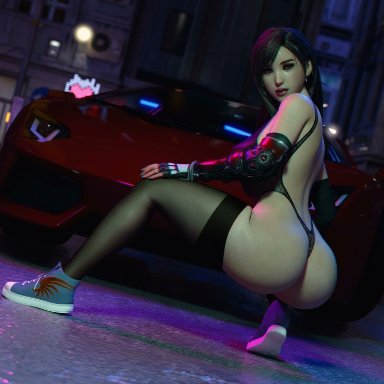 final fantasy, final fantasy vii remake, tifa lockhart, milapone, air conditioner, asian female, ass, big ass, big breasts, black hair, blue nails, busty, car, city, city lights