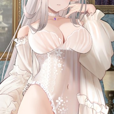 original, muka tsuku, bare shoulders, blue flower, blue rose, breasts, choker, cleavage, closed mouth, collarbone, covered navel, cowboy shot, crescent, crescent earrings, ear piercing