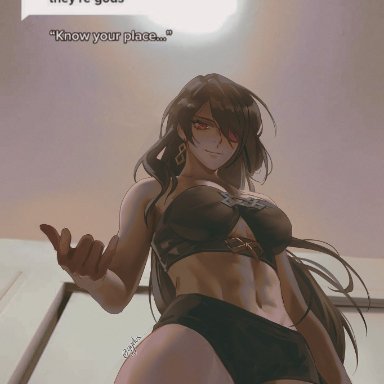 genshin impact, beidou (genshin impact), 1girls, abs, bikini, breasts, brown hair, eyepatch, female, female only, from below, looking at viewer, midriff, muscular female, red eyes