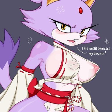 sonic (series), sonic the hedgehog (series), blaze the cat, xabelha, annoyed, breasts, cat ears, cat tail, clothing, feline, female, female only, mobian (species), nipple bulge, nipples