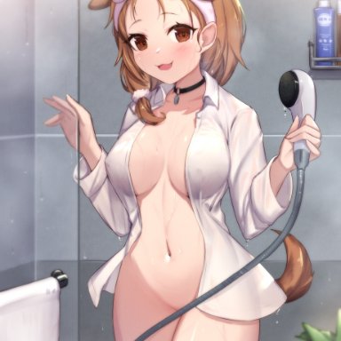 hololive, inugami korone, :3, animal ears, bathroom, blush, breasts, breasts apart, brown eyes, brown hair, choker, collarbone, convenient censoring, covered nipples, cowboy shot