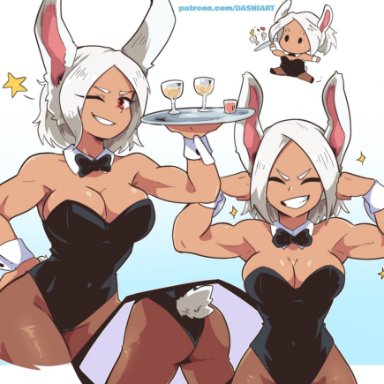 my hero academia, miruko, rumi usagiyama, dashi art, bunny ears, bunnysuit, cotton tail, drinks, muscular, muscular female, server, white fur, white hair