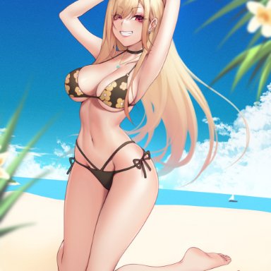 sono bisque doll wa koi wo suru, kitagawa marin, tomathao, 1girls, armpits, arms behind head, arms up, bare legs, barefoot, beach, bikini, black bikini, blonde hair, breasts, feet