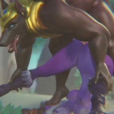 league of legends, nasus, soraka, rougenine, breasts, hetero, interspecies, long hair, male/female, muscular male, naked, nipples, nude, penis, vaginal