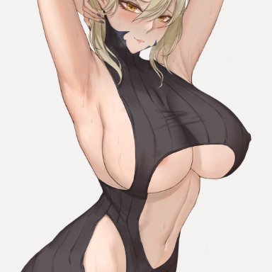 fate/grand order, fate (series), artoria pendragon, artoria pendragon (lancer alter), lsls, 1girls, areola slip, areolae, armpits, arms behind head, arms up, blonde hair, breasts, female, female only