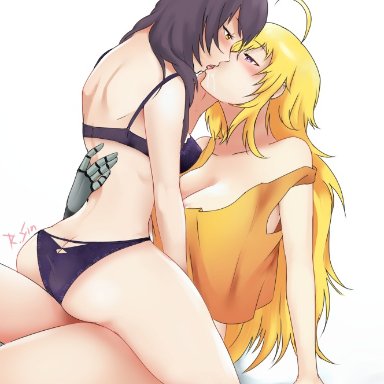 rwby, blake belladonna, yang xiao long, reversein, 2girls, big ass, big breasts, big butt, black hair, blonde hair, blush, blushing, cat ears, cute, faunus