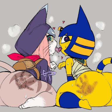 animal crossing, monster hunter, nintendo, ankha, felyne, palico, tsukino (monster hunter stories), hanon(editor), krekk0v, 2girls, anthro, ass, big ass, female, female only