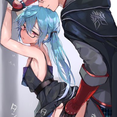 1999 misc, 2boys, against wall, ambiguous penetration, arched back, blue hair, clothed, clothed sex, crossdressing, dress lift, femboy, gay, girly, glasses, hands above head