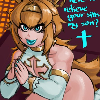 christianity, sera (raylero oc), axred7, 1boy, androgynous, blue eyes, blue fingernails, blue lipstick, church, cleavage cutout, confession, confession booth, curvy, detached sleeves, femboy