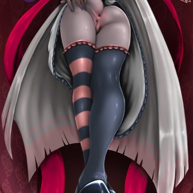 hazbin hotel, vaggie (hazbin hotel), high-bear, anus, ass, clothed, clothing, female, genitals, grey body, grey skin, hair, high heels, humanoid, legwear