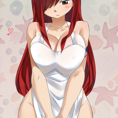 fairy tail, erza scarlet, gaston18, apron, big breasts, looking down, red hair, shy, solo