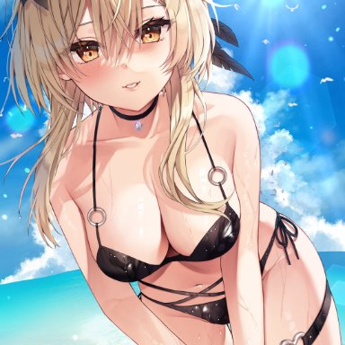 genshin impact, lumine (genshin impact), vitaminechan, beach, bent over, big breasts, bikini, black bikini, blonde hair, blush, breasts, choker, cleavage, heart, human