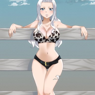 fairy tail, mirajane strauss, gaston18, arms behind back, belt, bikini, blue eyes, cow girl, cowgirl position, cute, fence, leaning back, looking at viewer, solo, solo female