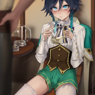 genshin impact, venti (genshin impact), ikemeru19, 2boys, alcohol, androgynous, beer, beer mug, blue eyes, blue hair, blush, braid, bulge, chair, cum