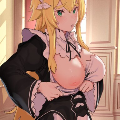 frederica baumann, azuse neko, 1girls, apron, areolae, bangs, blonde hair, blush, breast slip, breasts, downblouse, dress pull, fangs, female, furrowed brow