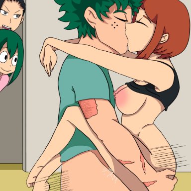 my hero academia, izuku midoriya, momo yaoyorozu, ochako uraraka, tsuyu asui, artist request, 1boy, 3girls, arm around neck, black hair, breasts, brown hair, closed eyes, couple, eavesdropping