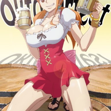 oktoberfest, one piece, nami, kyabakurabakufu, 1girls, ahoge, bangs, barmaid, barrel, big breasts, bracelet, breasts, brown eyes, cleavage, clothing