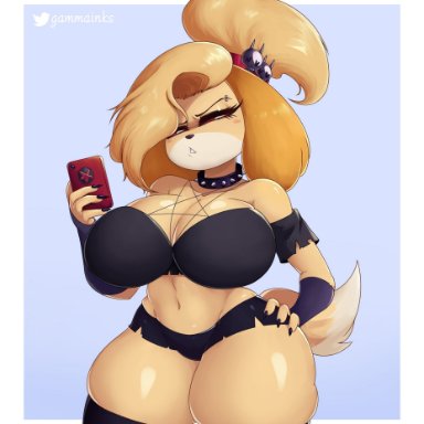animal crossing, helluva boss, nintendo, isabelle (animal crossing), loona (helluva boss), gammainks, anthro, big breasts, blonde hair, bottomwear, breasts, canid, canine, clothed, clothing