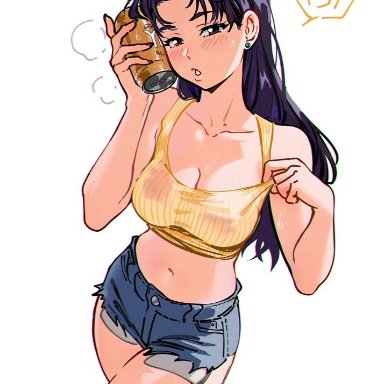 neon genesis evangelion, misato katsuragi, snegovski, 1girls, beer, beer can, blush, brown eyes, cleavage, clothed, cooling off, earrings, female, female only, long hair