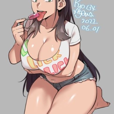 original, original character, ryo agawa, 1girls, bare feet, bare legs, barefoot, booty shorts, breasts, brown hair, candy, cleavage, clothed, clothed female, feet