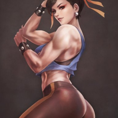 street fighter, street fighter zero (series), chun-li, monorirogue, adapted costume, ass, biceps, black hair, black nails, black pants, black sports bra, blue shirt, breasts, brown eyes, cover