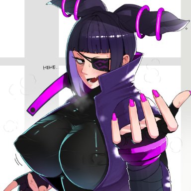 street fighter, juri han, ohasi, 1girls, bangs, black hair, blunt bangs, blush, breath, drill hair, eye patch, female, female only, fingerless gloves, fully clothed