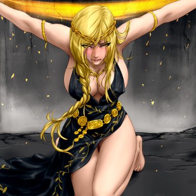 elden ring, fromsoftware, queen marika the eternal, ayaswan, 1girls, arms tied, arms up, big breasts, blonde hair, cleavage, crown, dress, feet, female, female only