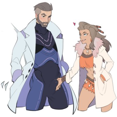 pokemon, pokemon sv, professor sada (pokemon), professor turo, kukumomo, 1boy, 1girl, blush, bulge, bulge grab, crop top, erection, grabbing penis, heart, sweat