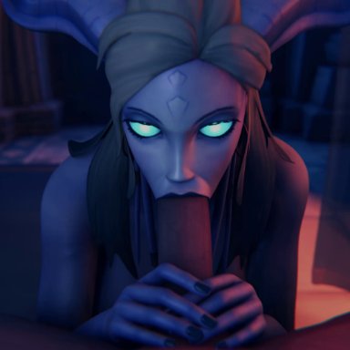 world of warcraft, draenei, exarch gennariel (gennariel), original character, gennariel, 1girl, athletic female, blowjob, blue skin, fellatio, female, horns, human, human penetrating, indoors