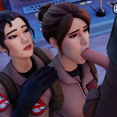 fortnite, ghostbusters, lapebr91, 1boy, 1male, 2girls, aura analyzer (fortnite), blowjob, curse buster (fortnite), large penis, pale-skinned female, 3d, 3d (artwork), animated, sound