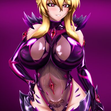 saber, alternate eye color, armwear, bare shoulders, breast expansion, breasts, corruption, erect nipples, erect nipples under clothes, hand on hip, huge breasts, infected, latex, latex bodysuit, latex clothing