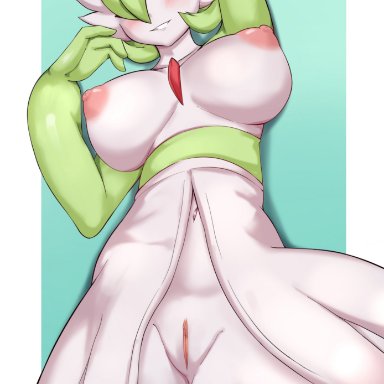 nintendo, pokemon, gardevoir, pok&#233;mon (species), kironzen, 1girl, anthro, areola, big areola, big breasts, big nipples, blush, breasts, female, genitals