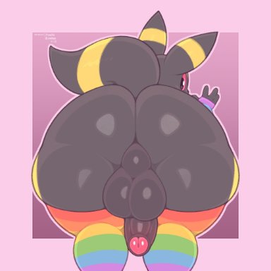 nintendo, pokemon, eeveelution, pok&#233;mon (species), umbreon, frumples, anthro, ass, backsack, balls, big butt, black body, black fur, clothing, femboy