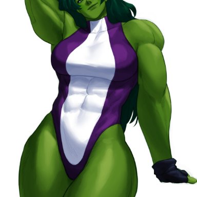 marvel, marvel comics, jennifer walters, she-hulk, sotcho, 1girls, abs, big breasts, breasts, female, female only, fingerless gloves, green eyes, green skin, long hair