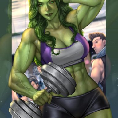 hulk (series), marvel, marvel comics, jennifer walters, she-hulk, hibren, abs, biceps, bike shorts, blurry, blurry background, blush, breasts, cleavage, colored skin