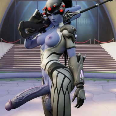 blizzard entertainment, overwatch, widowmaker, zzzxxxccc, 1futa, abs, areolae, assassin, balls, big balls, bodysuit, breast cutout, breasts, breasts out, crotch cutout