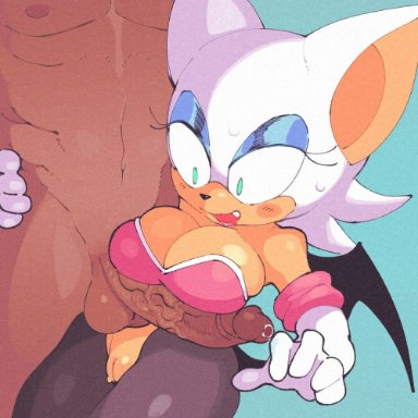 sega, sonic the hedgehog (series), rouge the bat, inkuusan, anthro, balls, blush, breasts, chiropteran, cleavage, clothed, clothing, dark body, dark skin, duo