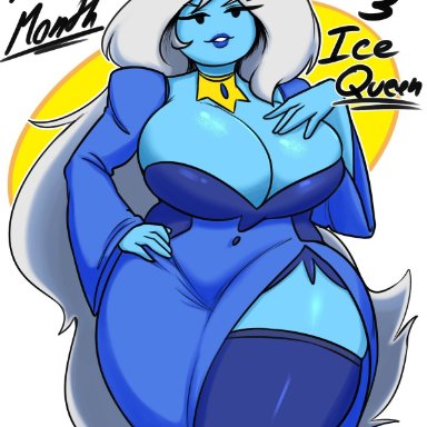 adventure time, cartoon network, ice queen, jyto, 1girls, big breasts, blue body, blue skin, breasts, cleavage, clothed, clothing, crown, dress, female