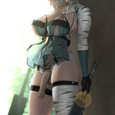 nier, nier replicant, kaine (nier), janggun, 1futa, areola slip, areolae, balls, big breasts, big penis, breasts, clothed, clothing, flaccid, fully clothed