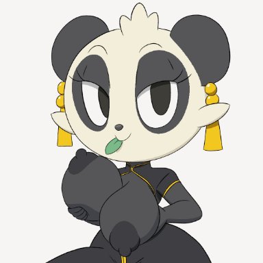 pokemon, pancham, pok&#233;mon (species), tansau, 1girls, anthro, big breasts, bouncing breasts, breast press, breasts, breasts out, clothing, ear piercing, earrings, female